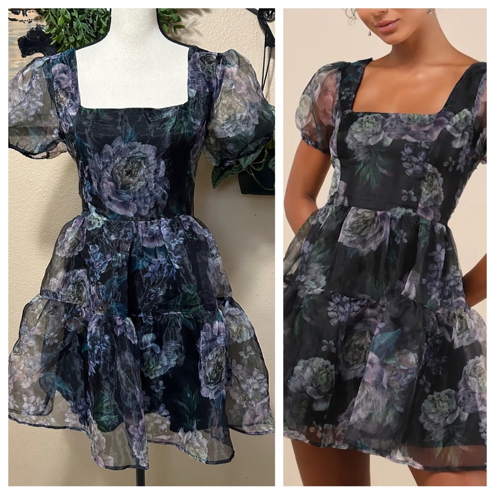 Exceptional Fate Black Floral Organza Puff Sleeve Mini Dress